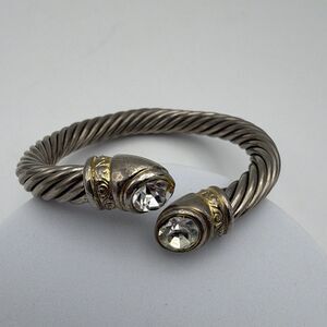 Silver/Gold Tone Twisted Rope Cable Cuff Bracelet Open Clear Crystal Ends
